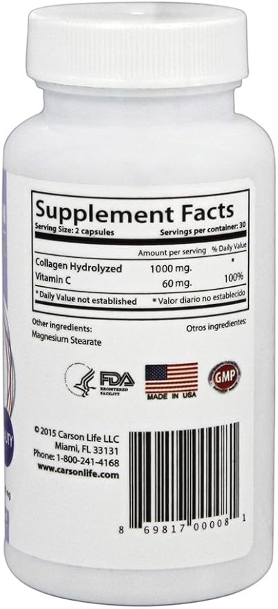 Carson Life Collagen Capsules with Vitamin C - 60 Capsules - Dietary Supplement for Anti Aging, Immune Support, Healthy Hair, Skin and Nails - Made in The USA (60 Capsules)