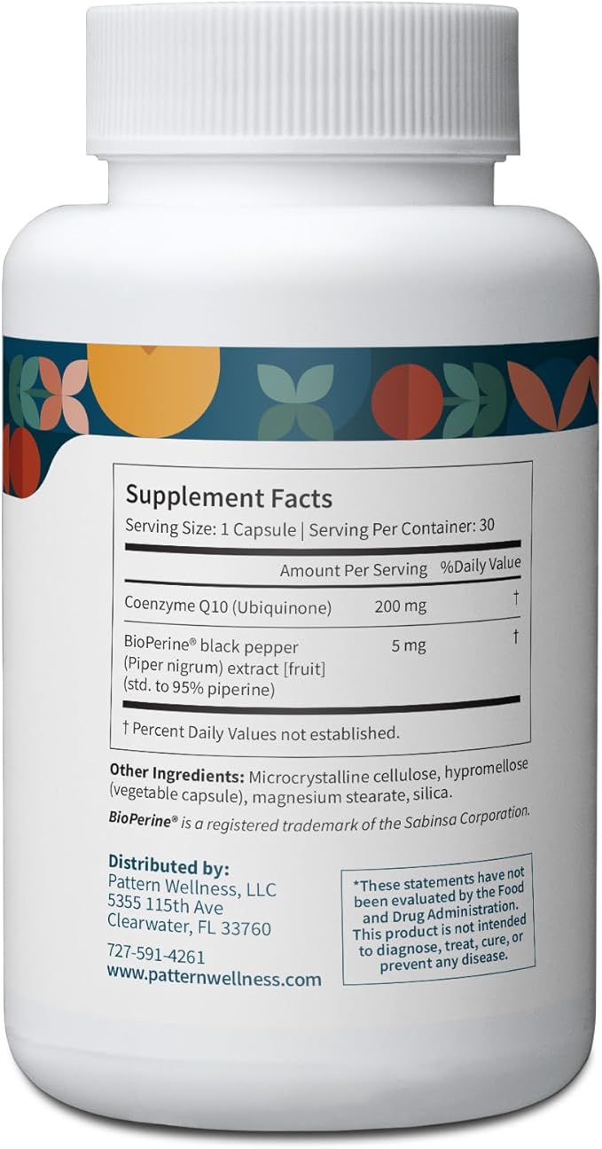 Pattern Wellness CoQ10-200mg Ubiquinone with Bioperine Black Pepper Extract - Cardiovascular & Cellular Energy Production Support - Non-GMO - 30 Vegan Capsules