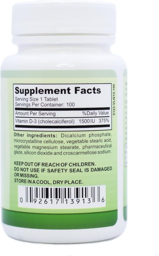 Vitamin D3, Vegan Vitamin D Supplement for Men & Women, 1500IU, 100 Easy Swallow Pills