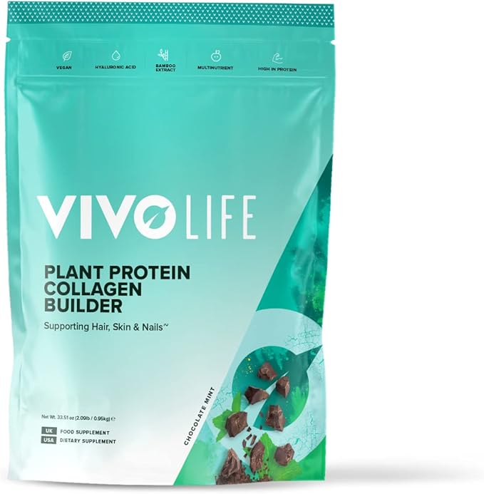 Vivo life - Plant Protein Collagen Builder with Vitamin C, Amino Acids and Hyaluronic Acid, Support Healthy Hair, Skin & Nails, Vegan (Chocolate Mint)