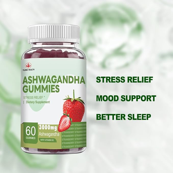 YiLing Ashwagandha Gummies for Women & Men, 3000 Mg of High-Potency Ashwagandha Root Extract Boosts Energy, Improves Sleep, Relieves Stress and Calms Mood, 60 Count Strawberry Flavor Ashwagandha
