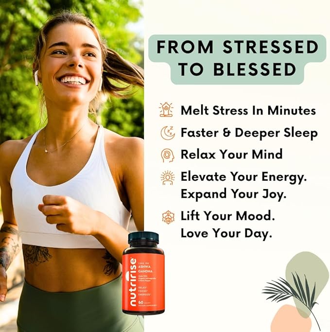 NutriRise Organic Ashwagandha Root Capsules with Black Pepper, 1300mg, Natural Stress & Mood, Thyroid & Immune Support Supplement, Clarity, Focus & Energy, Gluten Free, 60 Count