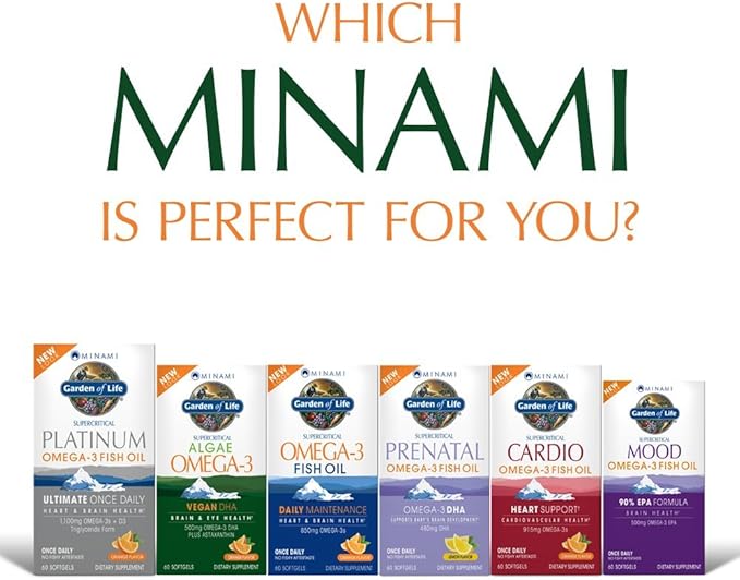 Garden of Life Minami Algae Omega 3 Vegan DHA for Brain and Eye Health - Orange Flavor, 500mg Plant Based DHA Omega-3 Vegan Algae Oil Plus Astaxanthin, No Aftertaste, 60 Easy-to-Swallow Mini Softgels