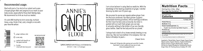 Annie's Ginger Elixir, 34oz 1-Pack, Pure Natural Organic Tonic Ginger Shot, Digestive Cleanse Boosts Immune Defense, Daily Gut Health and Wellness, Non-GMO Beverage