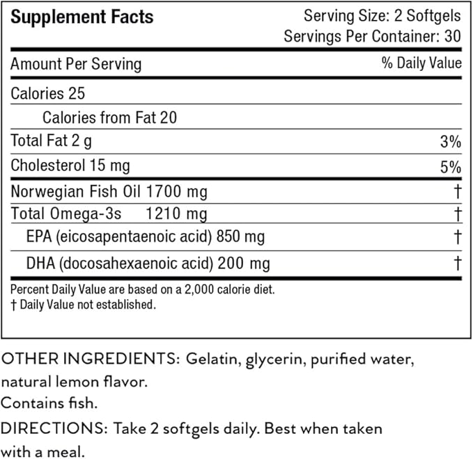 Nutri-Rich Mega EPA + DHA Fish Oil Softgels Norwegian Sustainable Omega 3 Supplements Fatty Acids, Gluten-Free, Burp-Free, Lemon Flavor, 1,210 mg Omega for Heart Health Support (60 Count)