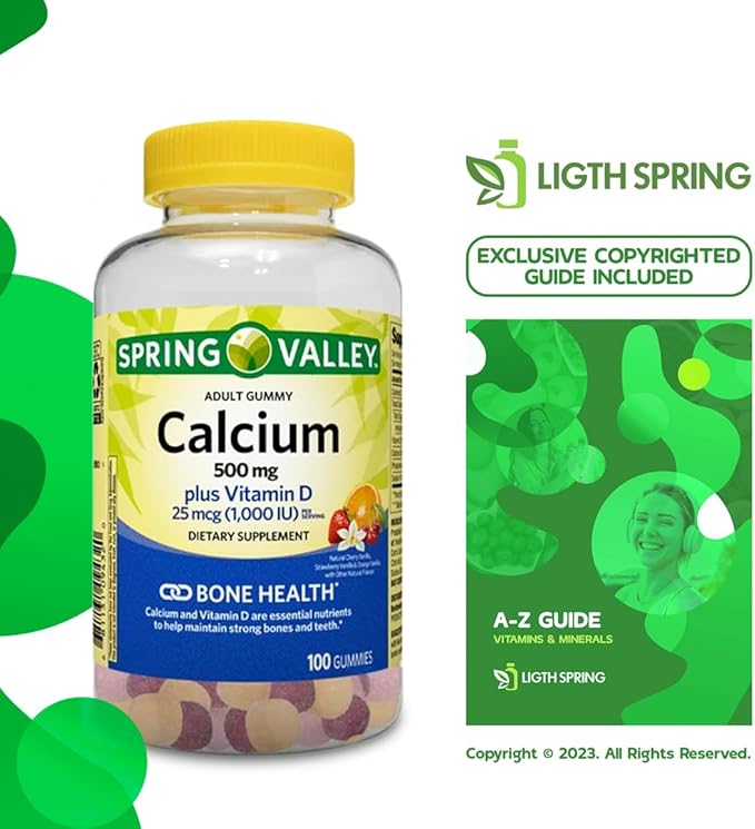 Calcium Plus Vitamin D, Adult Gummies, 500 mcg, 1000 IU, Assorted Flavors, 100 Ct Bundle with Exclusive Vitamins & Minerals - A to Z - Better Ligth&Spring Guide (2 Items)