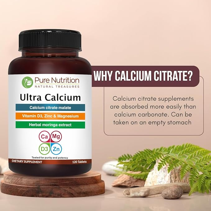 Pure Nutrition Ultra Calcium 1000mg with VIT D3 + K2 | 120 Tab | Highly absorbable Calcium Supplement with Calcium Citrate Malate, VIT D3, K2, Moringa Oleifera, Magnesium and Zinc.