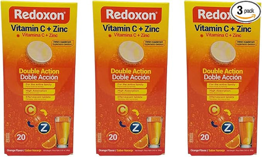 Redoxon Vitamin C Tablets | Orange Flavor, Effervescent Double Action Supplement of Vitamin C and Zinc for Immune System Support, Healthier Lifestyle, and More Energy; 3-Pack of 20 Tablets