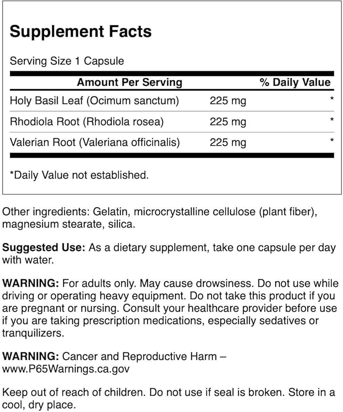 Swanson Rhodiola Holy Basil Valerian Stress Complex 225/225/225 Stress Wellbeing Relaxation Support Milligrams 180 Capsules
