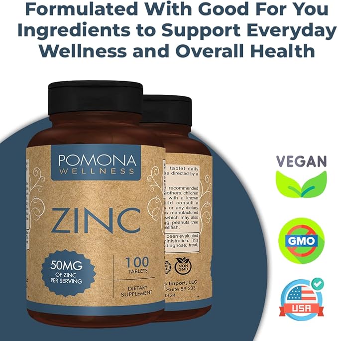 Pomona Wellness Zinc Supplements for Adults, 50mg, Skin Health and Immune Support, Easy to Swallow, for Antioxidant and Overall Health, Vegan, Non-GMO, 100 Tablets (Pack of 2)