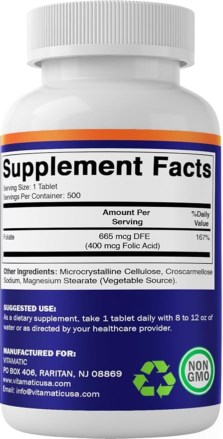 Vitamatic Folic Acid 400 mcg - 500 Vegetarian Tablets - Vitamin B9