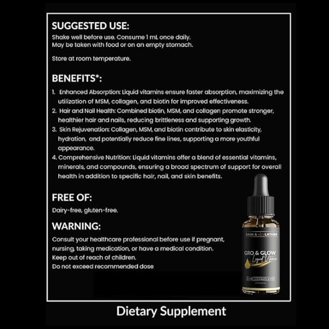 BASK & LATHER GRO & Glow Liquid Vitamin, Liquid Collagen for Women, Natural Ingredients with Collagen, Biotin, Msm, Beauty Supplement, Helps Support Healthy Hair, Skin & Nails, Cherry Flavor, 2 FL Oz
