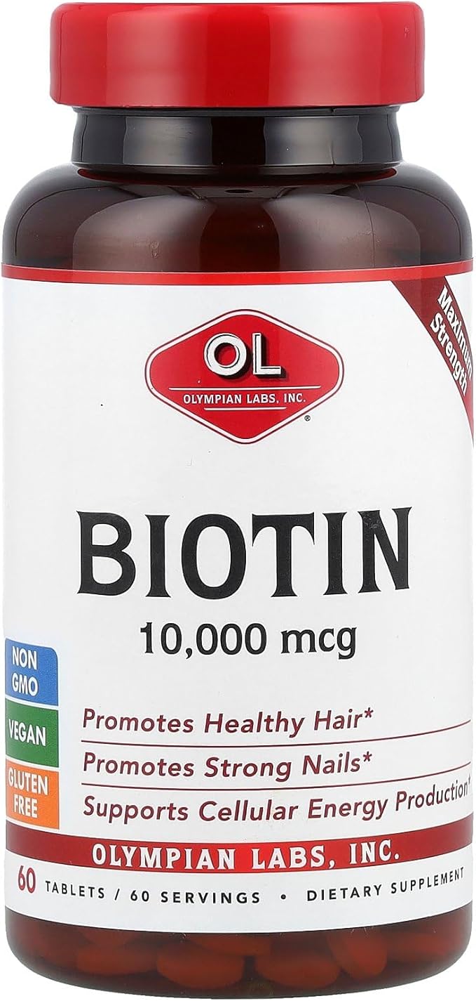 Olympian Labs Max Strength Biotin Vitamin B7 Supplement, 10,000mcg Tablets, Improve Hair, Skin & Nail Growth, 60 Vegan Tablets