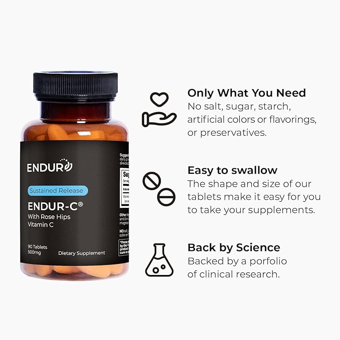 EndurC, Time Release Vitamin C Supplement Tablets for Optimal Absorption, Ascorbic Acid & Vitamin C with Rose HIPS, 500mg, 90 Tablets