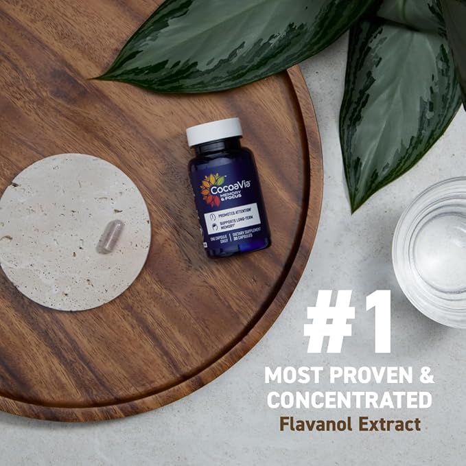 CocoaVia Memory & Focus Brain Supplement, 30 Day, Cocoa Flavanol Blend, Lutein, Added Caffeine for Boost. Improve Cognitive Function, Attention, Vegan & Plant Based, 30 Capsules