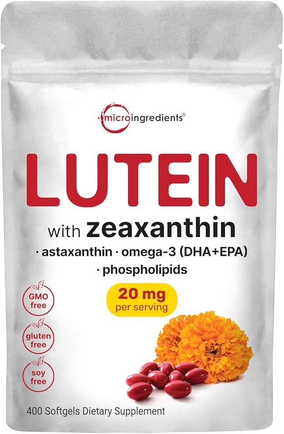 Micro Ingredients Lutein & Zeaxanthin 20mg Softgels, 400 Count, with Astaxanthin, Omega-3s, & Phospholipids | Eye + Vision Health Vitamins | Third Party Tested, Non-GMO, Gluten Free