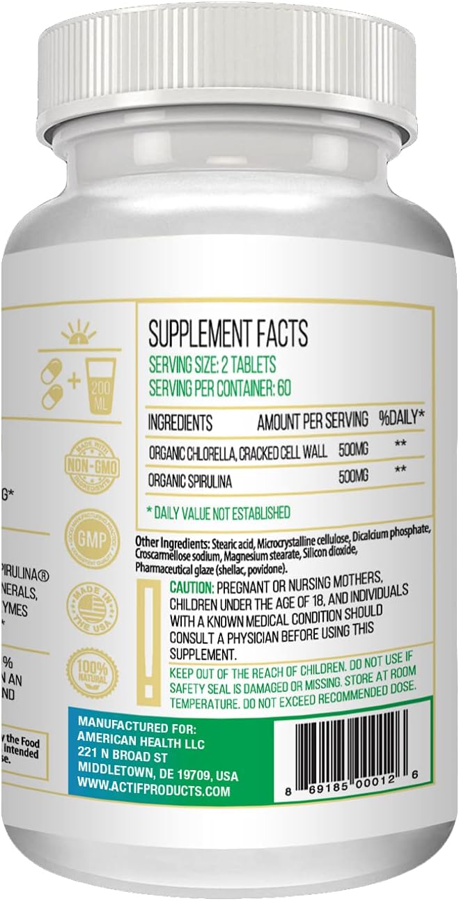 ACTIF 100% Ocean Cleaned Organic Chlorella and Spirulina, Non-GMO, Best Detox and Vegan Diet Supplement, Made in USA - 120 Tablets
