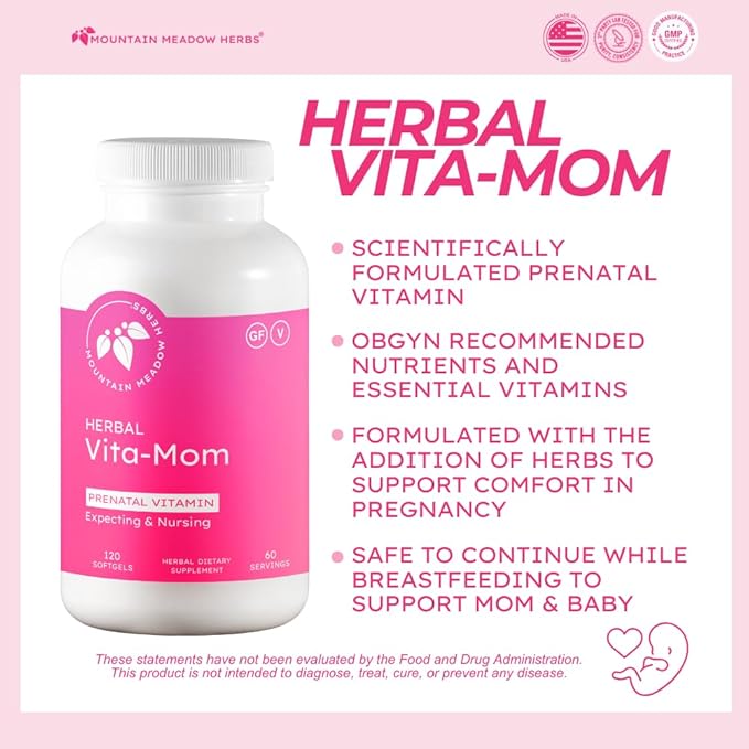 Mountain Meadow Herbs Vita-MOM - Herbal Prenatal Vitamins for Women: Unique Blend of Folic Acid, Vitamins, Iron & Herbs in Soft Gel Caps - 2-Month Supply (120 ct.)