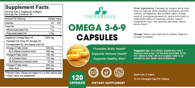 High-Potency Omega 3-6-9, 100% Vegan Sourced Natural Supplement for Heart and Joint Health 120 Softgels, 60 Day Supply
