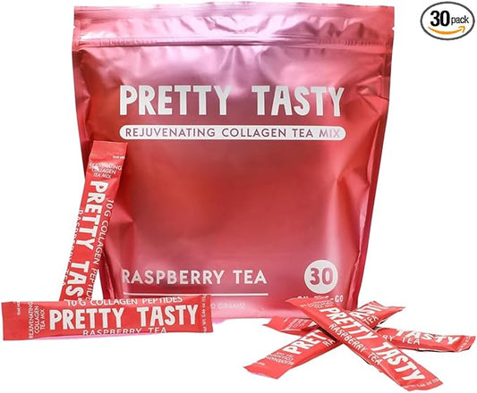 Raspberry Radiance Collagen Tea - Stick Pack Pouch, Sun-Kissed Raspberry Blend, Beauty and Wellness, 10g Collagen Peptides Mix, 30 Count