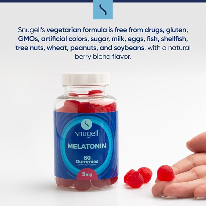 Snugell Melatonin Gummies 5 mg – 60-Count Dietary Supplement – Berry Blend Flavor for Natural Restful Sleep Support – Vegan, Non-Habit Forming, Non-GMO, Pectin-Based, Gluten-Free – Made in the USA (2)