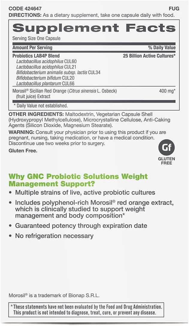 GNC Probiotic Solutions Weight Management Support with 25 Billion CFUs | Contains Clinically Studied Strains of Live, Active Probiotic Cultures, Vegetarian, Gluten Free, | 30 Capsules