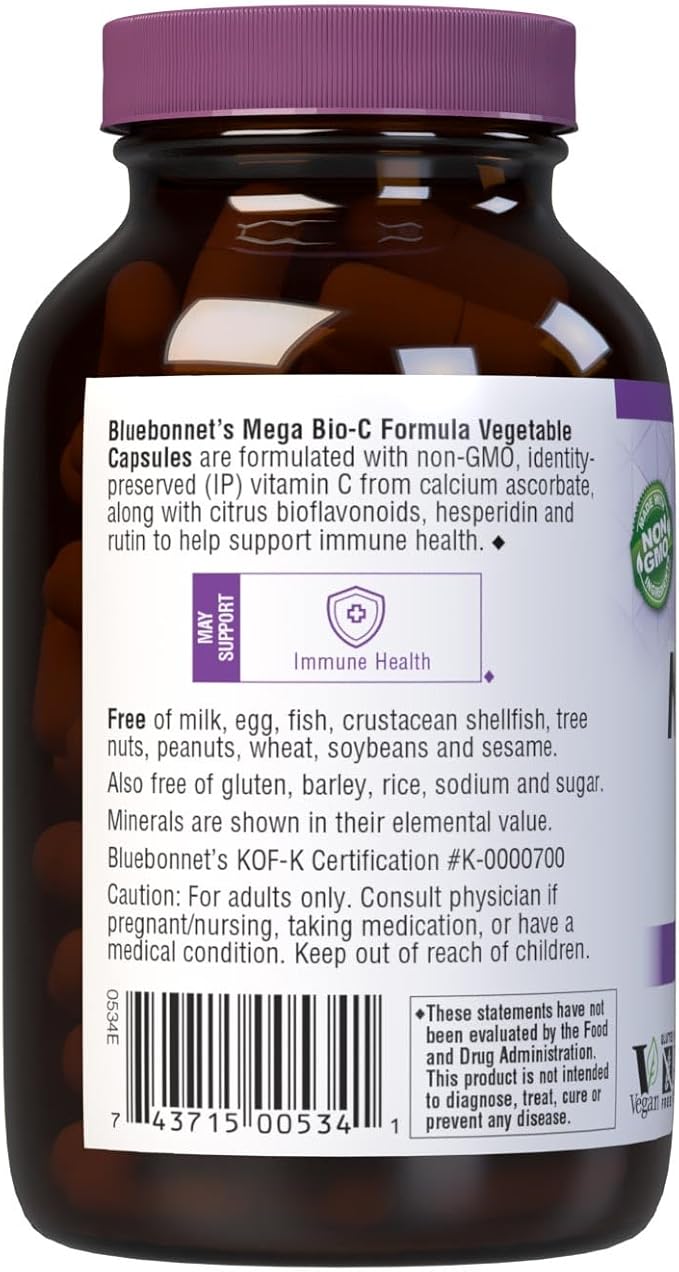 Bluebonnet Nutrition Mega Bio-C Formula Vegetable Capsules, High Potency Buffered Vitamin C, for Immune Health, Soy Free, Gluten Free, Non-GMO, Kosher, Dairy Free, Vegan, 90 Count