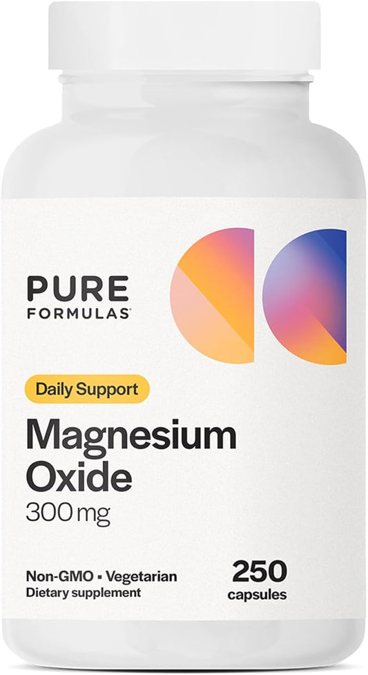 PureFormulas Magnesium Oxide 300 mg Supports Healthy Heart Function, Immune Support, Muscle Recovery, Leg Cramps, Relaxation, Non-GMO, 250 Vegetarian Capsules