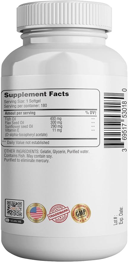 365 Health Omega 3-6-9 180 Softgels | from Fish, Flaxseed, Borage Oils | Non-GMO & Gluten Free