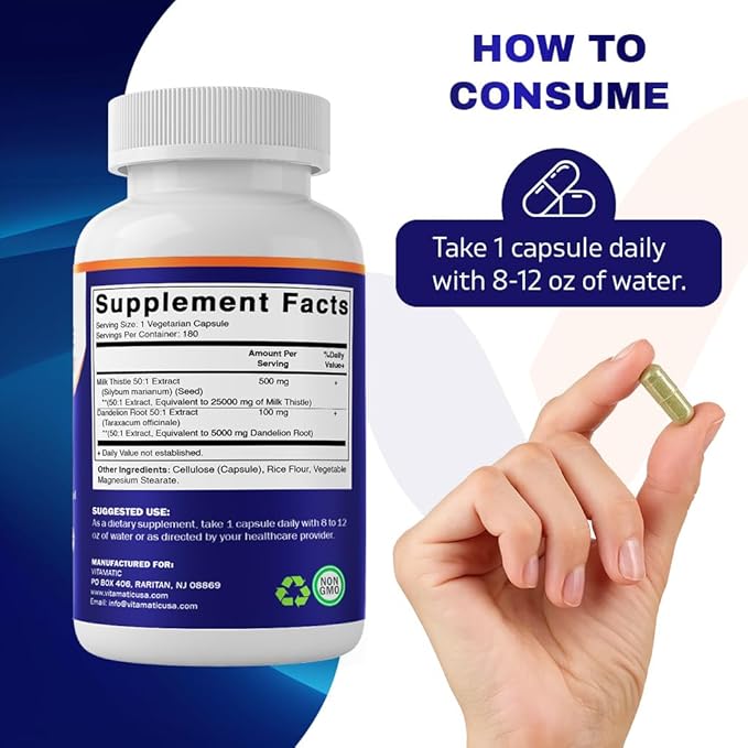 Vitamatic Milk Thistle 50:1 Extract 500mg, Dandelion Root 50:1 Extract 100mg, 180 Vegetarian Capsules, Non-GMO, Gluten Free