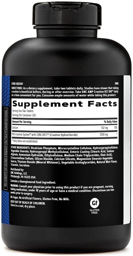 GNC AMP Creatine HCl 189 Pills, Clinically Proven Strength & Muscle Builder, Athletic Performance, Energy Production, Recovery Supplement, Fast Absorbing, Gluten Free Formula, 120 Servings