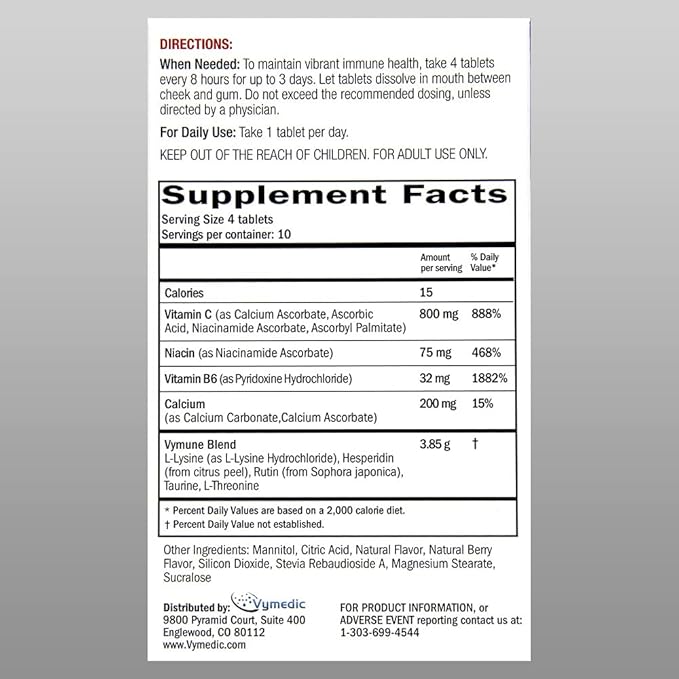 Vymune Amino-Acid Advanced Immune Support Supplement with Powerful Amino Acids Taurine, Lysine and Threonine Meltaway Tablets, Berry Flavored – for Adults (800mg Vitamin C, 40ct.)