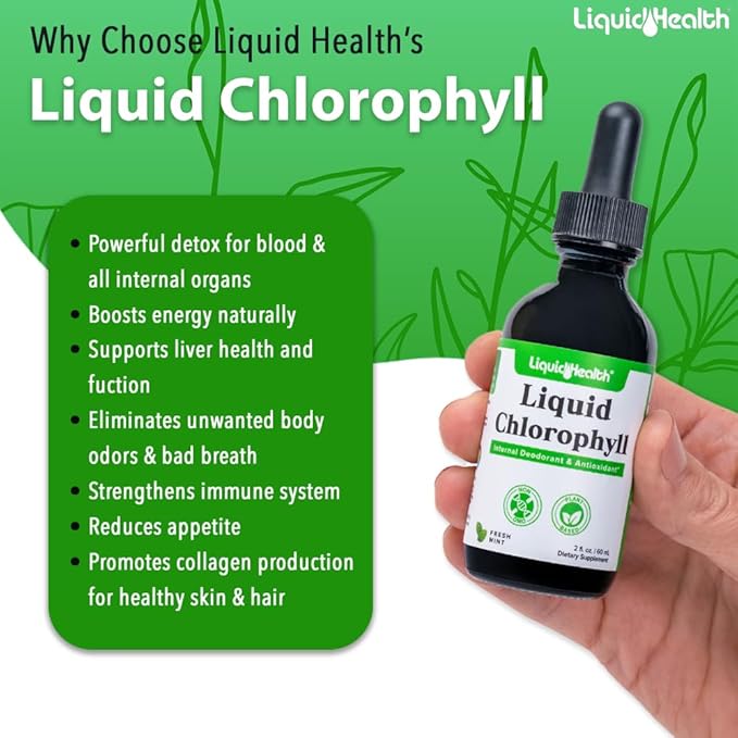 LIQUIDHEALTH Liquid Chlorophyll Drops - Internal Deodorizer, Liver Detox, Immune Support, Promote Collagen for Hair & Skin, Stop Bad Breath, Reduce Appetite - Made in The USA, Vegan, Non-GMO (2 oz)