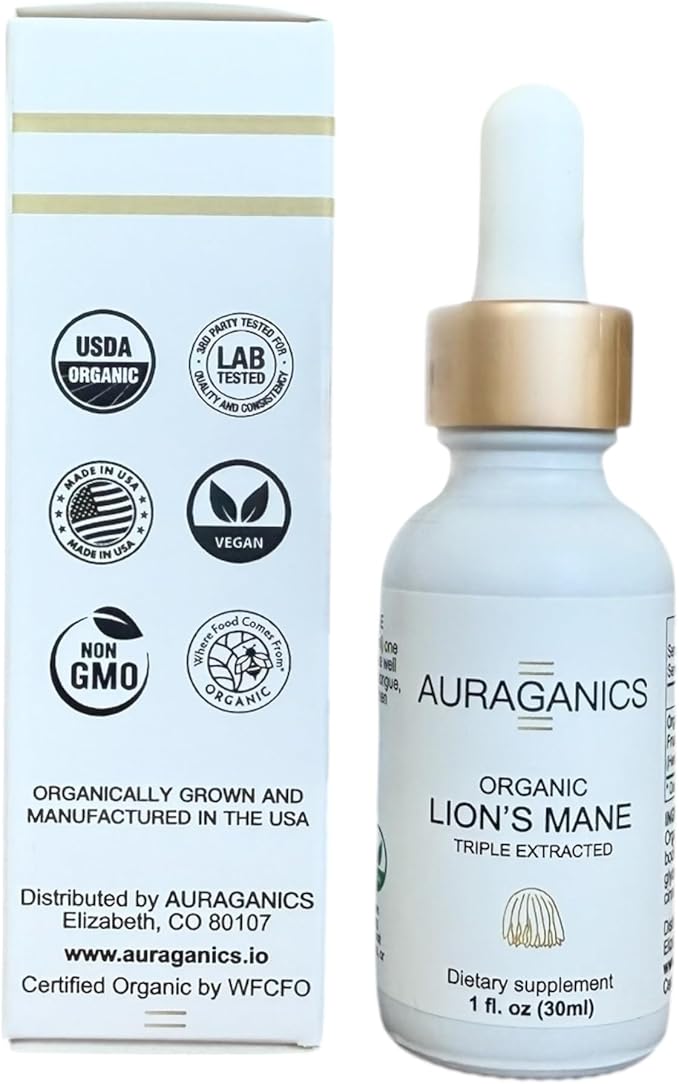 Organic Triple Extracted Lion's Mane Mushroom Fruiting Body Tincture | USA Grown and Certified Organic | Use for Focus, Memory and Mental Clarity | 1 Month Supply | Cinnamon Flavor