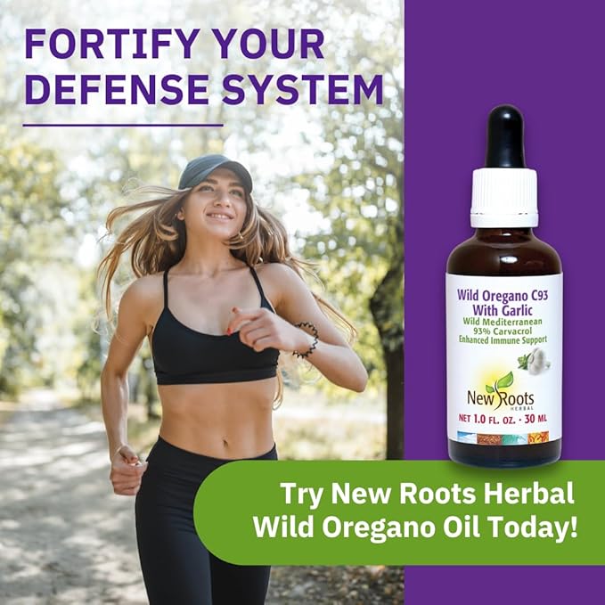New Roots | Wild Oregano Oil Drops with Garlic (30 ml) | C93 Extra Strength with Highest Concentration Carvacrol (93%), Hand-Picked Mediterranean Oregano Oil Liquid
