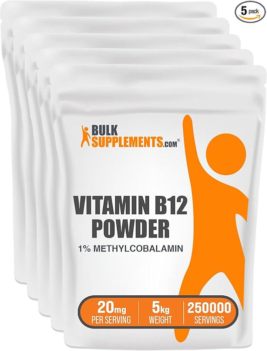 BulkSupplements.com Vitamin B12 Methylcobalamin Powder - 1% B12 Methylcobalamin, Essential B Vitamin - B12 Supplement, Gluten Free, 20mg per Serving, 5kg (11 lbs) (Pack of 1)
