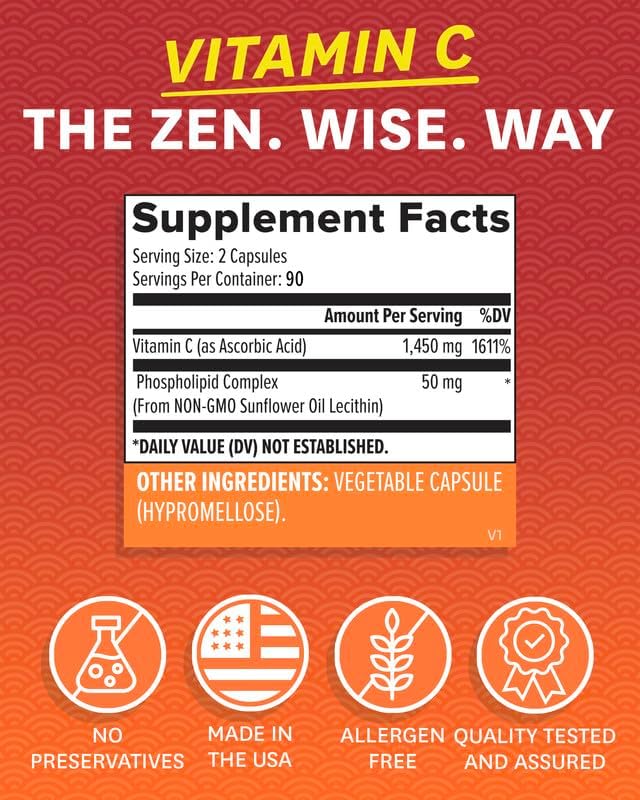 Zenwise Health Liposomal Vitamin C Supplement, 1500 MG Enhanced Absorption Organic Vitamin C Liposomal for Antioxidant, Immune, Natural Energy Boost, and Skin Care Support - 180 CT