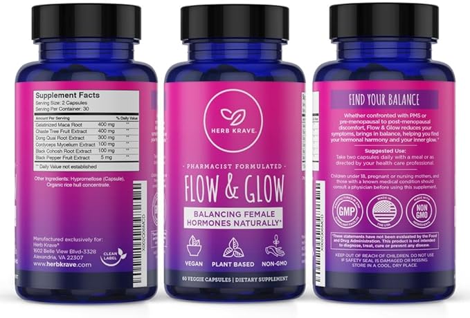 Flow and Glow Natural Hormone Balance for Women - PMS & Menopause Relief for Cramps, Mood Swings & Night Sweats with Donq Quai & Black Cohosh for Menopause - 60 Vegan Capsules (1 Pack)