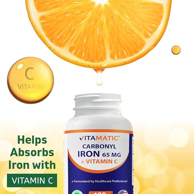 Vitamatic Carbonyl Iron 65 mg with Vitamin C – Gentle Iron Supplement for Energy & Immune Support – High Absorption – 120 Tablets