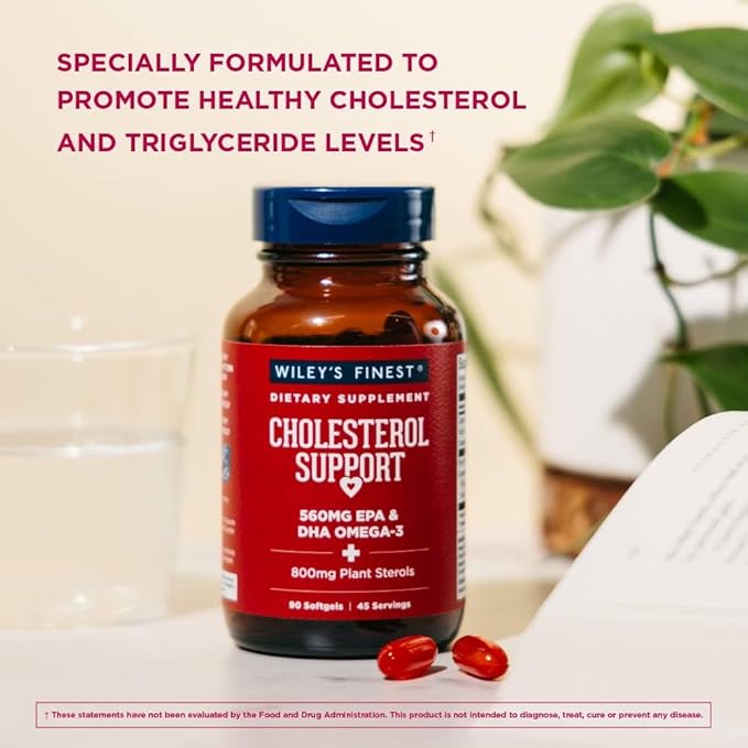 Wiley's Finest Wild Alaskan Fish Oil Cholesterol Support - Heart Health Supplement for Men and Women - 560mg Omega-3s - 90 Softgels (45 Servings)