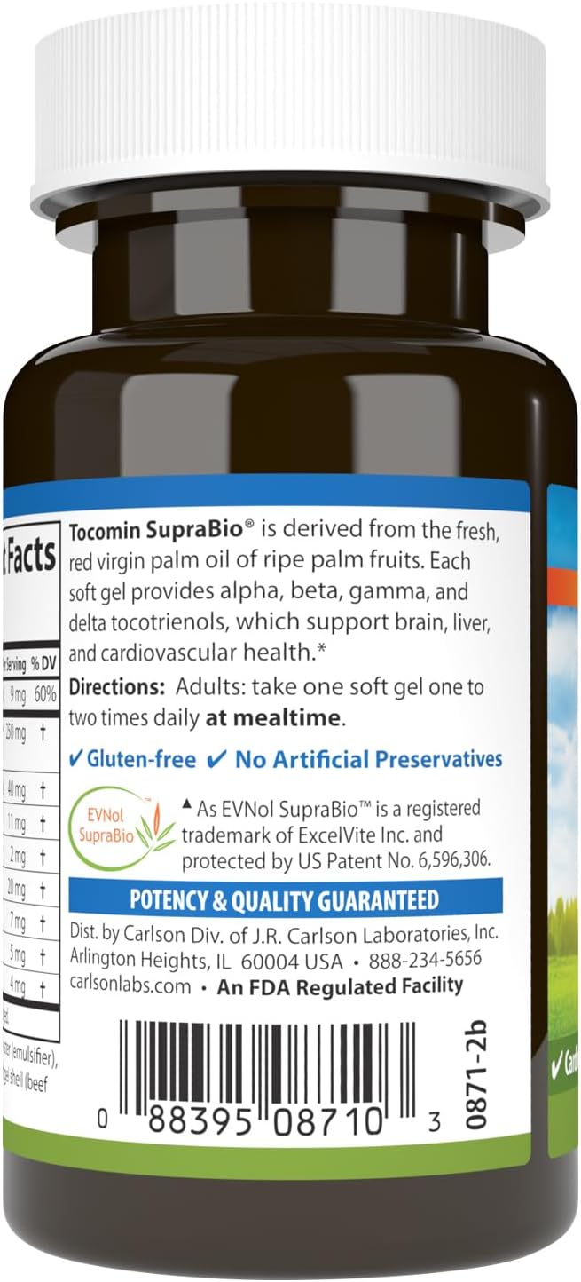 Carlson - Tocomin SupraBio, Full Spectrum Tocotrienol Complex, Non-GMO Tocotrienols, Alpha, Beta, Gamma, Delta, 60 Softgels
