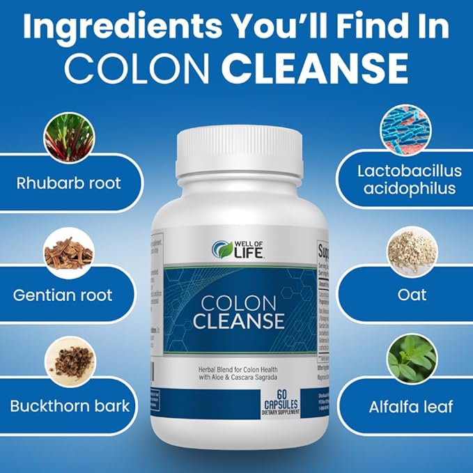 Well of Life: Colon Cleanse: Aloe Vera, Cascara Sagrada, Rhubarb Root, Bentonite. Helps in Digestion, Helps Relieves Constipation. 700mg | 60 Vegetarian Capsules. Vegan, Non-GMO. USA-Made.