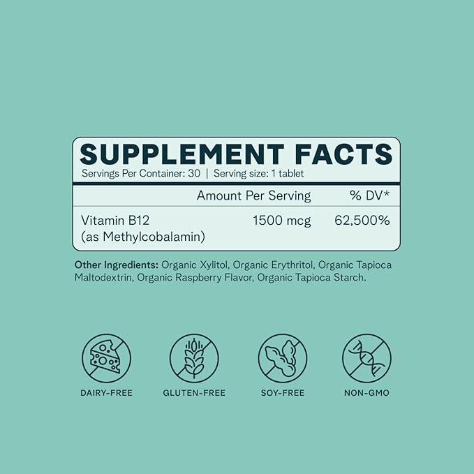Ora Organic Vitamin B12 1500mcg - Plant-Based methylcobalamin for Adults - Natural Stimulant-Free Energy, Raspberry Flavor chewable Tablets, no Added Sugar - 30 Tablets