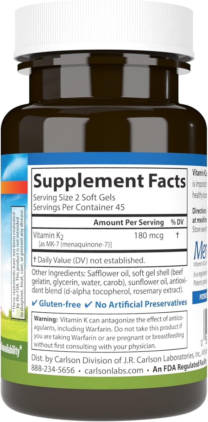 Carlson - Vitamin K2 MK-7 (Menaquinone), 180 mcg, Bone Support, Calcium Bioavailability, K2 Vitamin, Vitamin K-2, 90 Softgels