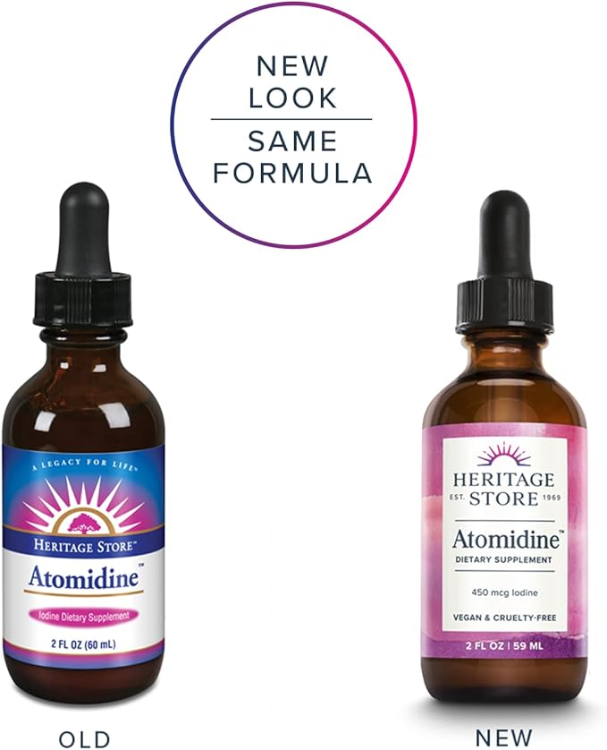 Heritage Store Atomidine 450mcg Liquid Iodine Drops, Electrically Charged Iodine Supplement for Healthy Thyroid Support,* Bioavailable Formula, Vegan & Cruelty Free, Approx. 960 Servings, 2 fl oz