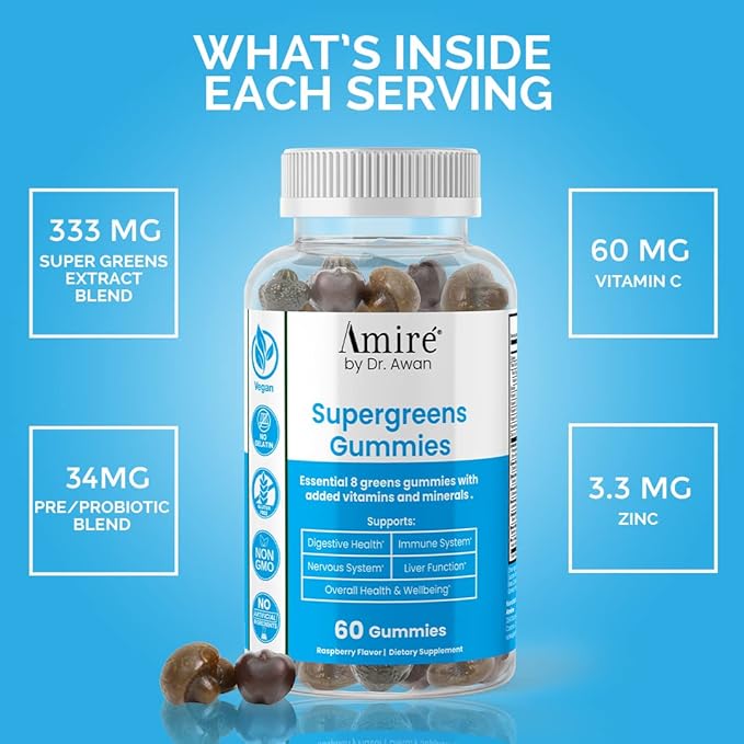 by Dr. Awan Super Greens Gummies, Fruits & Veggies Supplement, Green Superfood for Immunity, Metabolism, Liver Function & Nervous System, Essential 8 Greens, 240ct, 4-Months Supply