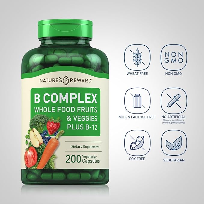 Piping Rock B Complex Vitamin for Women and Men | 200 Capsules | with B12, B6, Folate, Biotin | Fruit and Vegetable Blend | Vegetarian, Non-GMO, Gluten Free