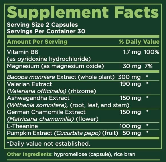 Sleep Support Supplement with Bacopa, Valerian, Ashwagandha, and Other Herbs and Vitamins, Supports Healthy Sleep Patterns, 30 Day Supply, 60 Capsules