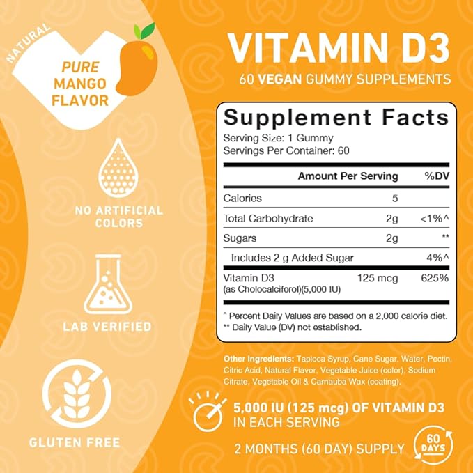 Vitamin D3 5000 iu Gummies – Daily Supplement for Bone & Immune Health, and Joint Muscle Support for Adults & Kids, Gluten Free, Non-GMO (60 Count)