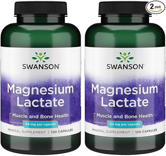Swanson Magnesium Lactate - Mineral Supplement Promoting Muscle and Bone Health Support - Lactose-Free Lactate Mineral Form for Gentle Absorption - (120 Capsules, 84mg Each) (2 Pack)